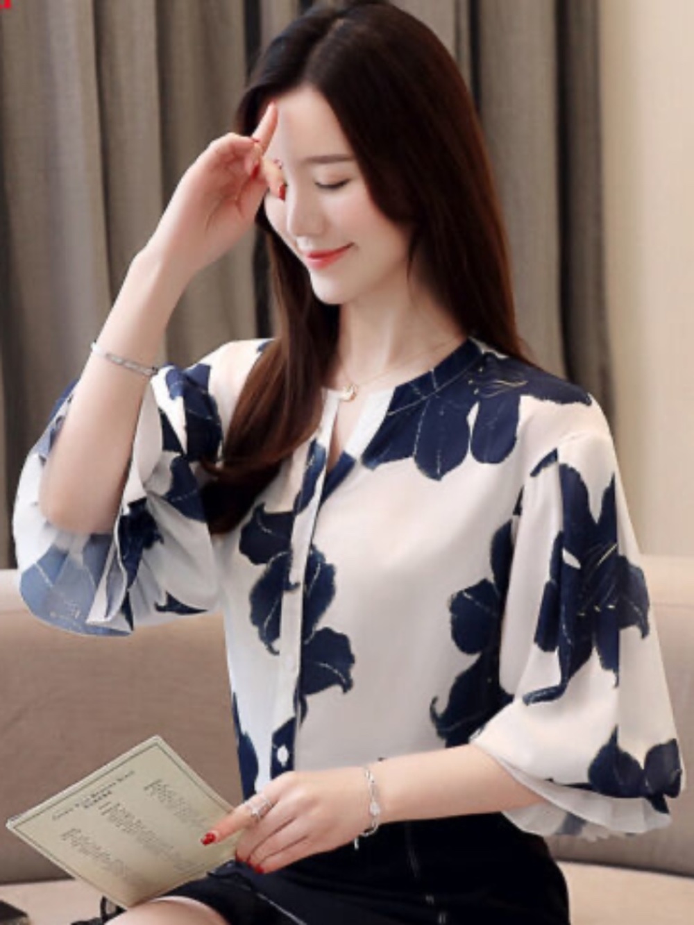 Korean Fashion Women Floral Chiffon Balloon Sleeve Casual Tops Blouse Shirts